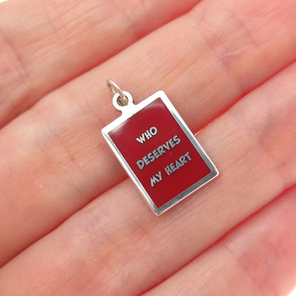 925 Sterling Silver Red Enamel Who Deserves My Heart Minimalist Charm Pendant