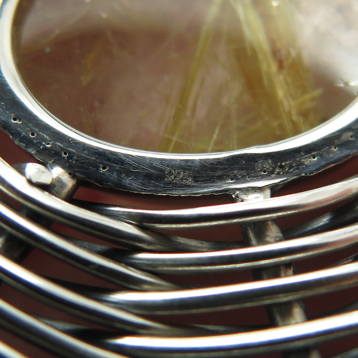 925 Sterling Silver Vintage Rutilated Quartz Modernist Wicker Oxidized Pendant