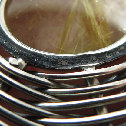 925 Sterling Silver Vintage Rutilated Quartz Modernist Wicker Oxidized Pendant