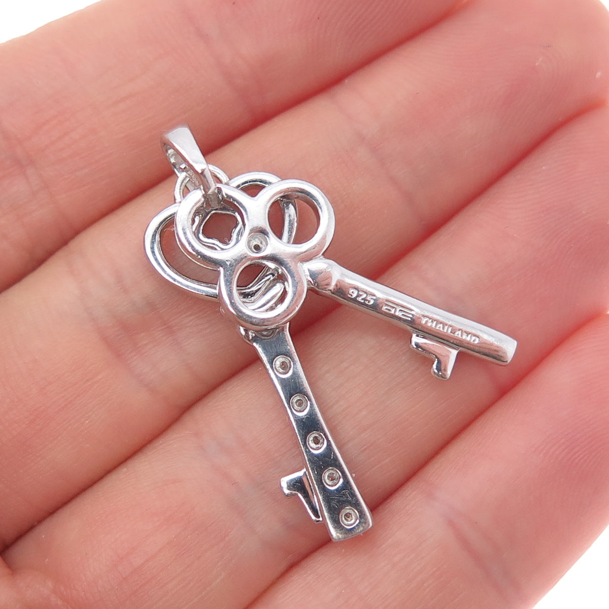 925 Sterling Silver Real Round-Cut Diamond Heart & Club Key Charm Pendant