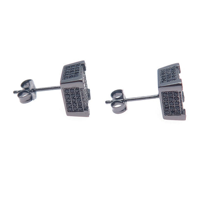 925 Sterling Silver Black Rhodium Round-Cut C Z Square Stud Earrings