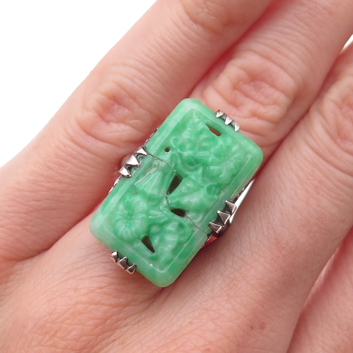 925 Sterling Silver Antique Art Deco Real Carved Jade Floral Ring Size 5