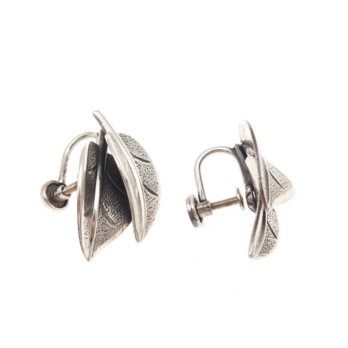 Beau 925 Sterling Silver Vintage Floral Oxidized Screw Back Earrings