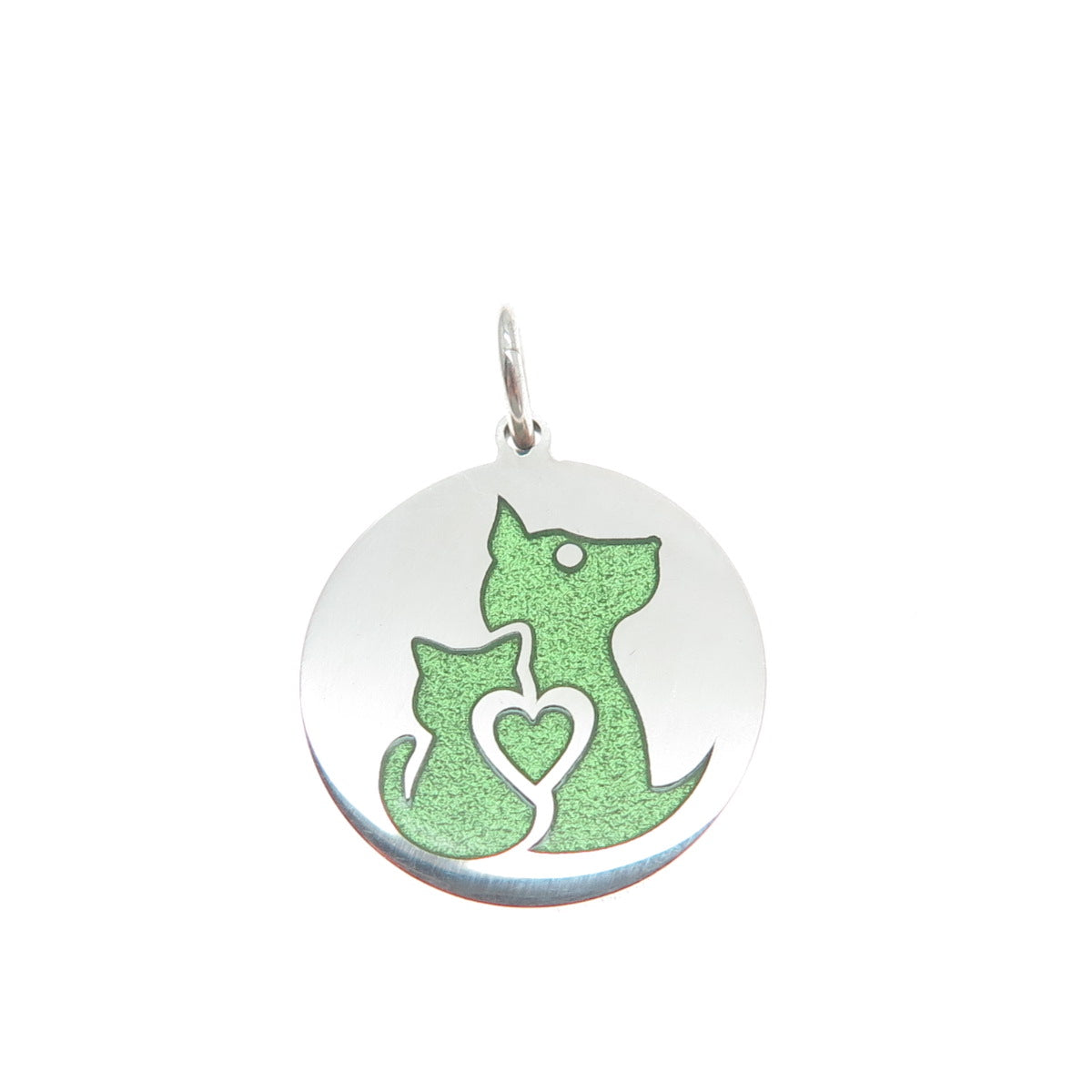 925 Sterling Silver Green Enamel Dog & Cat Friendship Minimalist Charm Pendant