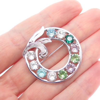 VAN DELL 925 Sterling Silver Antique Art Deco Multi-Color Rhinestone Pin Brooch