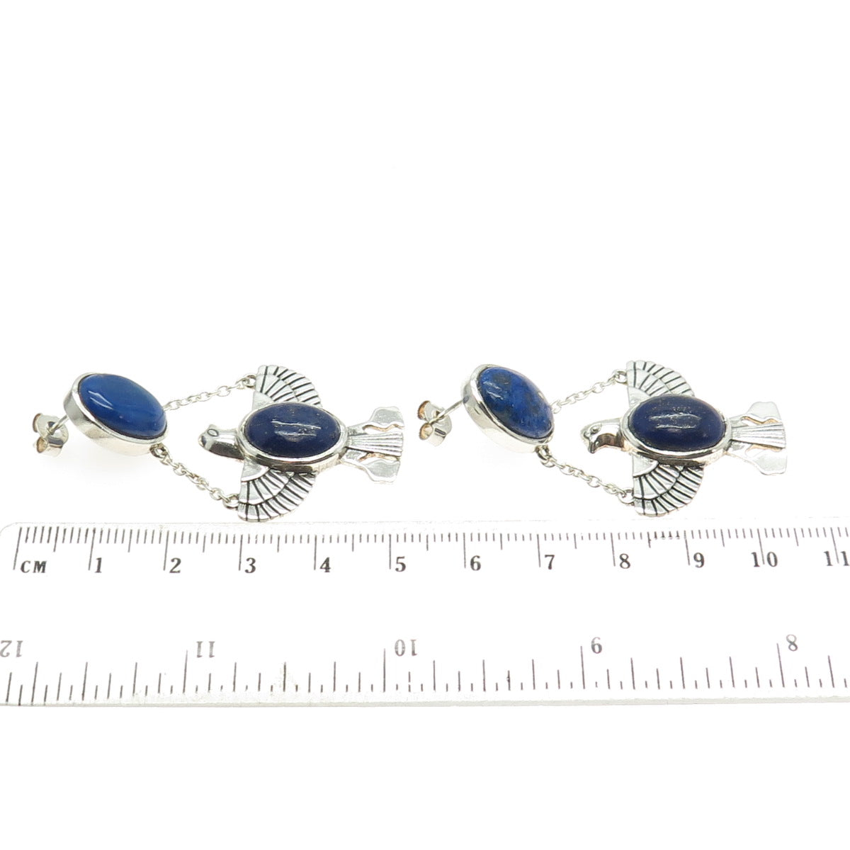 925 Sterling Silver Real Lapis Lazuli Gemstone Thunderbird Trible Drop Earrings