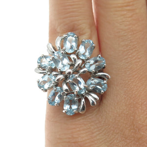 925 Sterling Silver Real Blue Topaz Gemstone Modernist Floral Ring Size 5