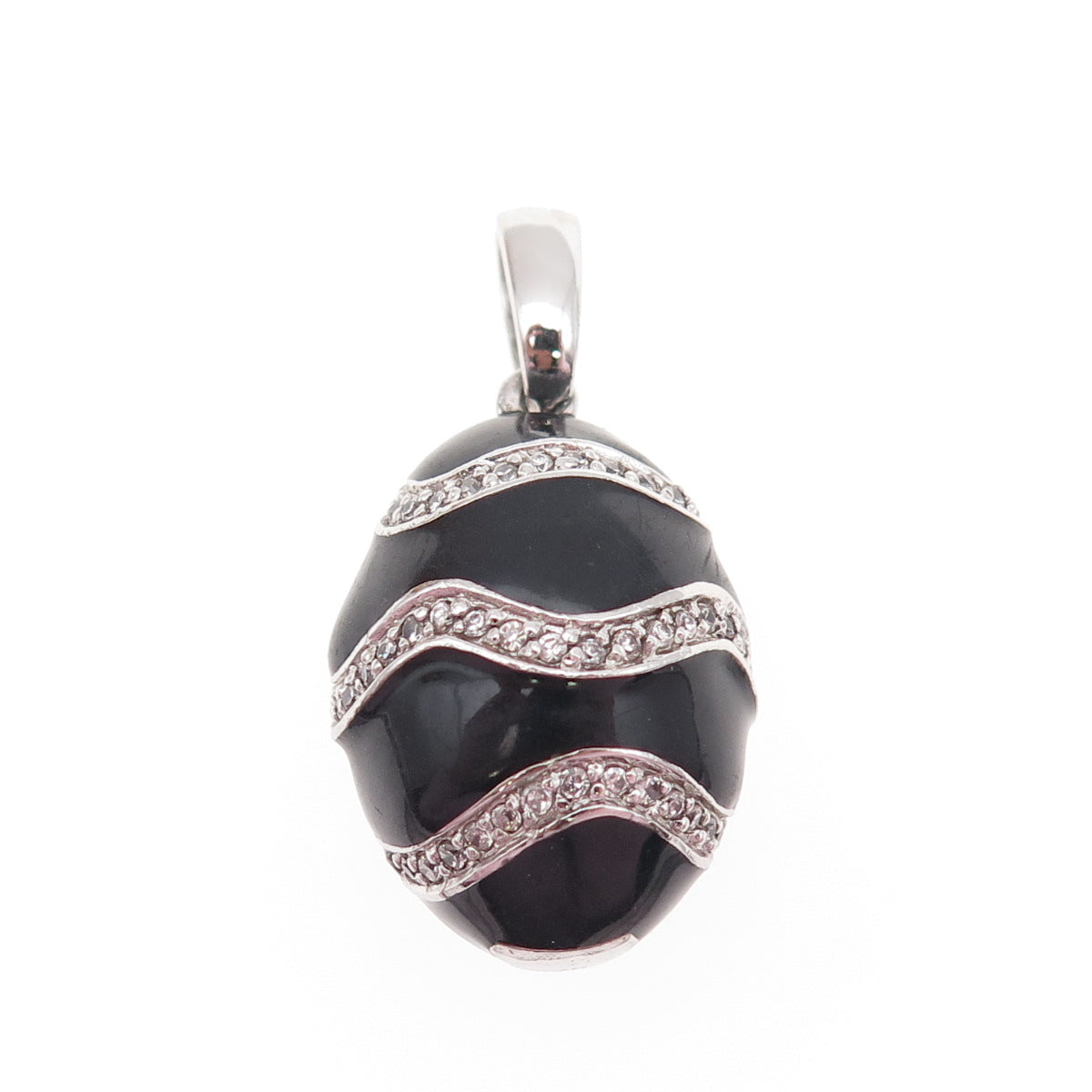 925 Sterling Silver Black Enamel Round-Cut C Z Easter Egg Charm Pendant