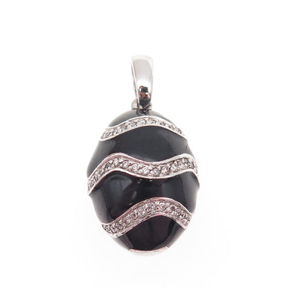 925 Sterling Silver Black Enamel Round-Cut C Z Easter Egg Charm Pendant