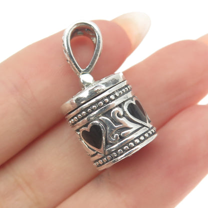 925 Sterling Silver Vintage Real Black Onyx Heart Pill Box Pendant