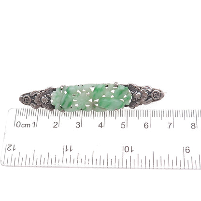 925 Sterling Silver Antique Chinese Real Carved Jade Floral Oxidized Pin Brooch