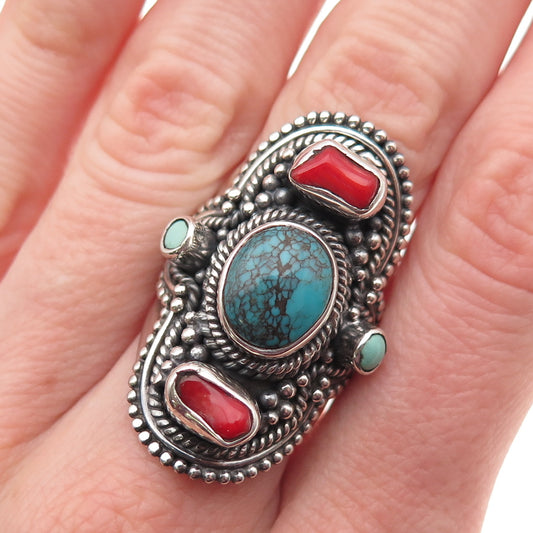 925 Sterling Silver Vintage Real Turquoise & Coral Oxidized Beaded Ring Size 8