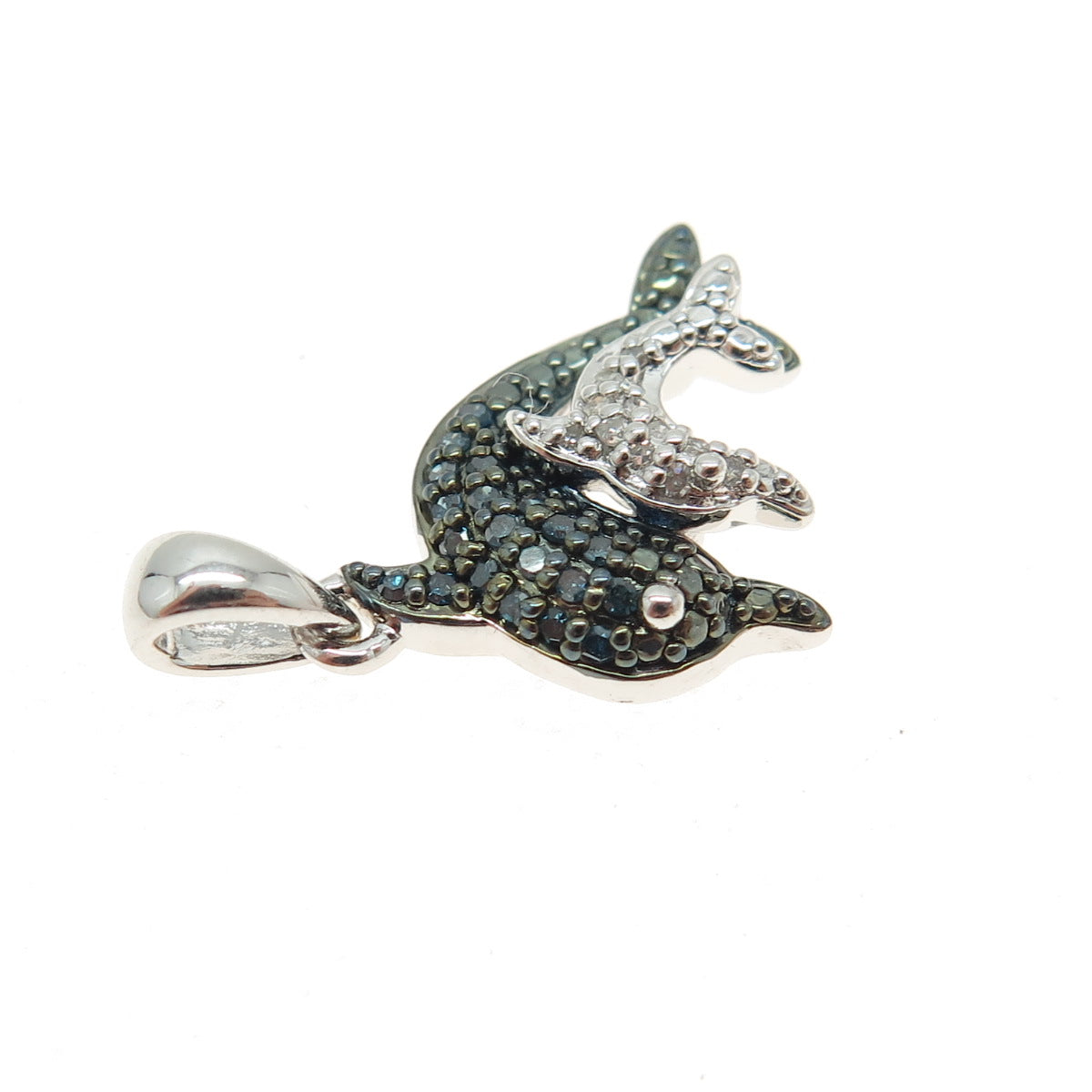 SUN 925 Sterling Silver Real Round-Cut Blue & White Diamond Dolphin Mini Pendant