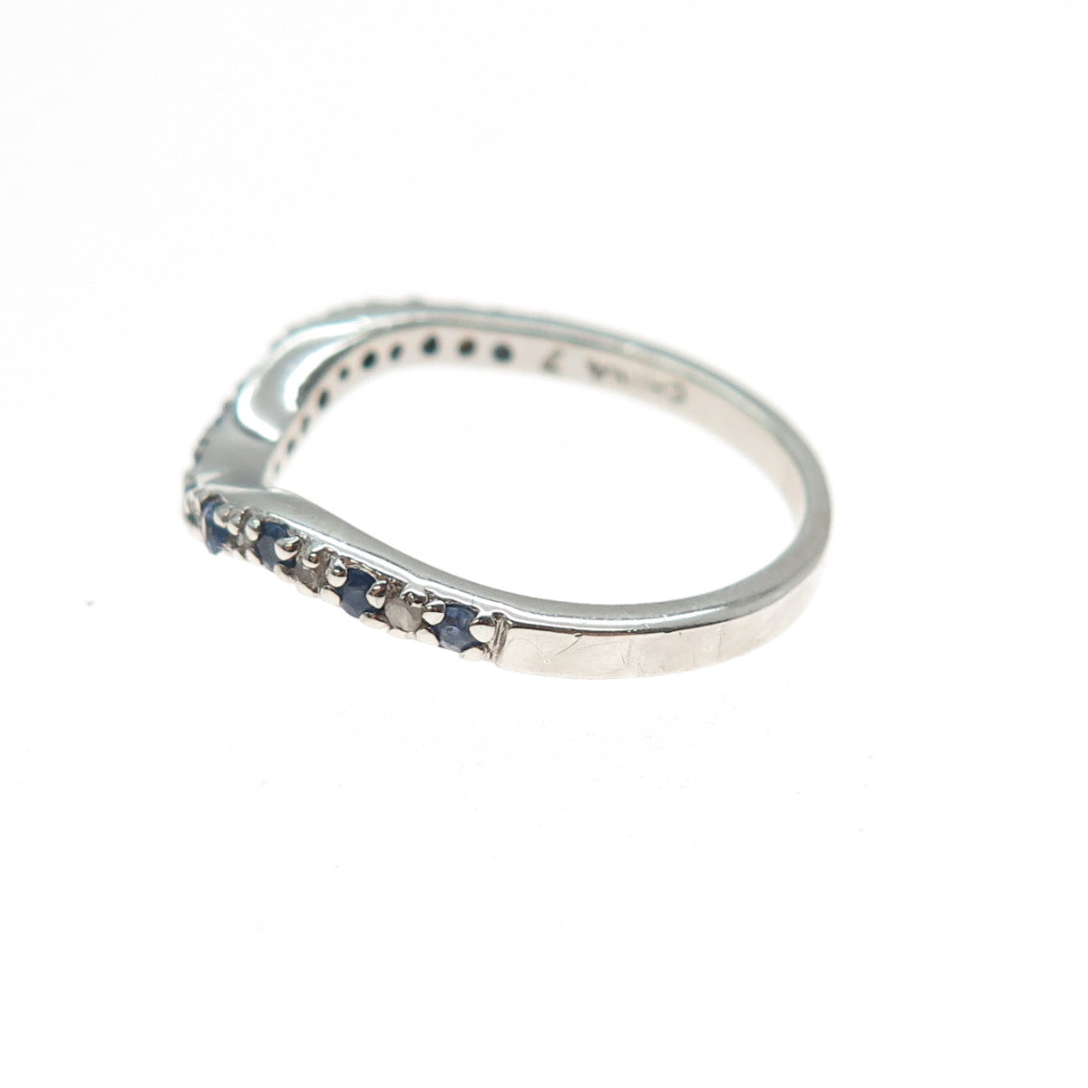 925 Sterling Silver Real Round-Cut Diamond & Sapphire Wavy Ring Size 7.25