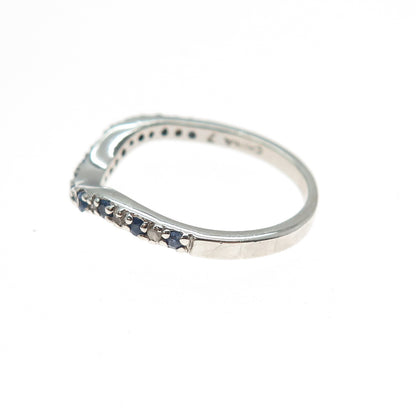 925 Sterling Silver Real Round-Cut Diamond & Sapphire Wavy Ring Size 7.25