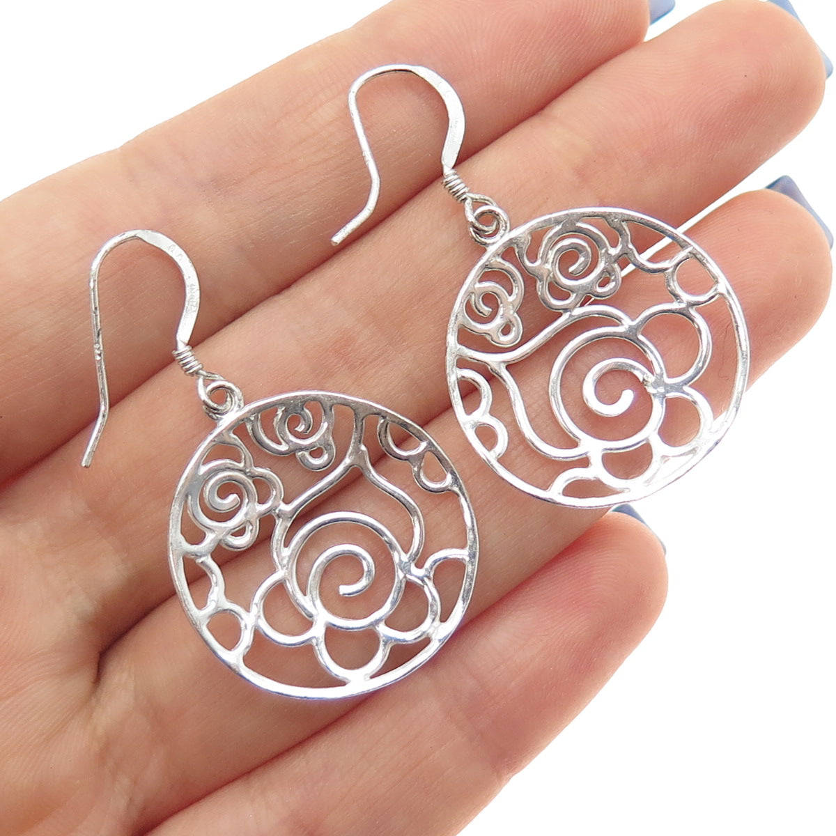 925 Sterling Silver Vintage Ornate Rose Flower Dangle Earrings