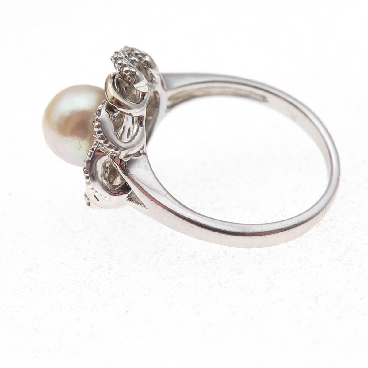 Richline 925 Sterling Silver 14K Gold Real Diamond & Pearl Floral Ring Size 7