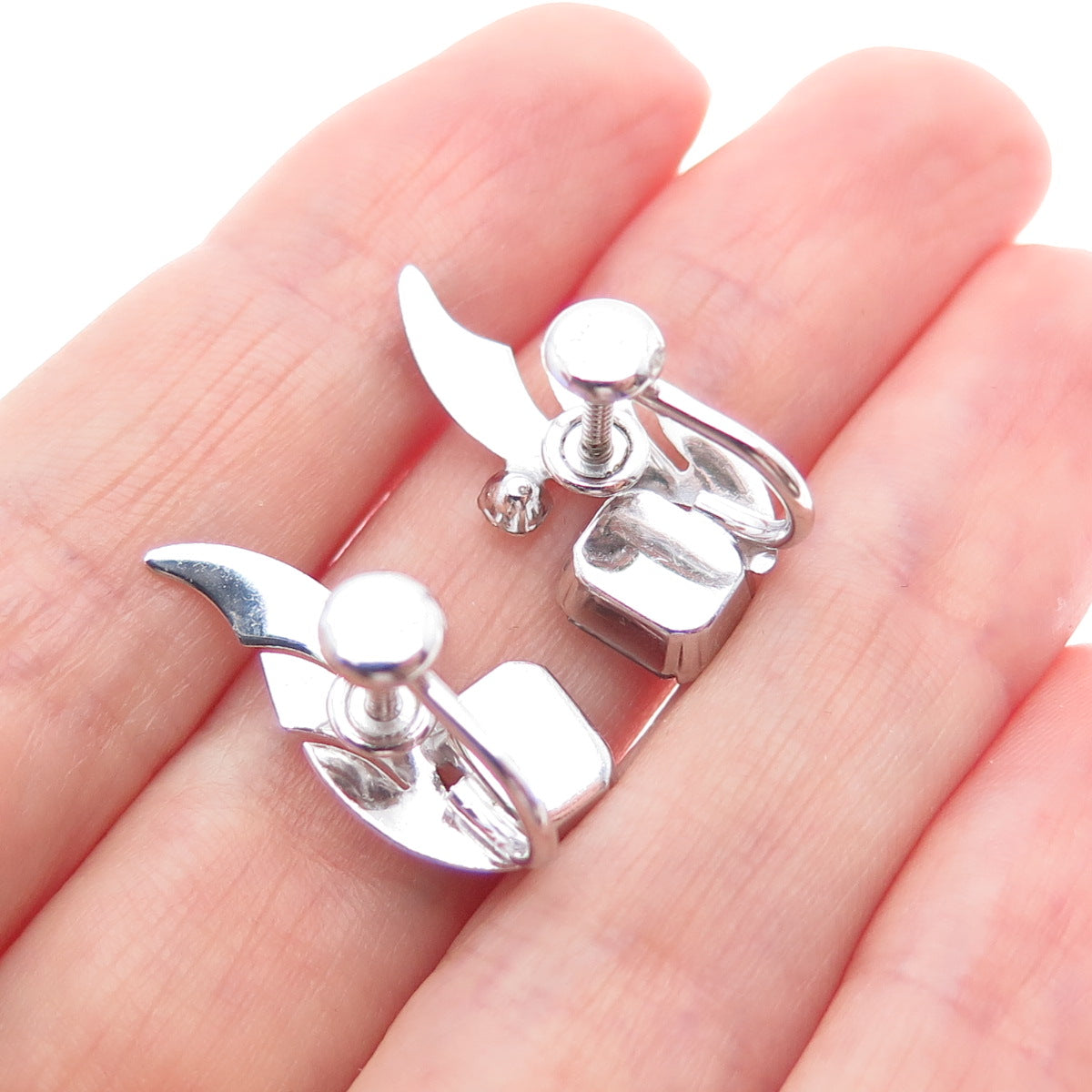 VAN DELL Sterling Silver Antique Art Deco Rhinestone Wing Screw Back Earrings