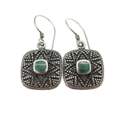 925 Sterling Silver Vintage Real Malachite Granulated Oxidized Dangle Earrings