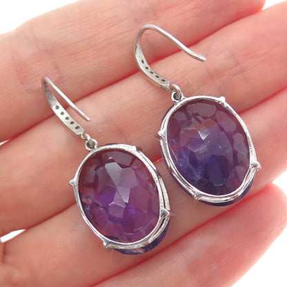 DSMK 925 Sterling Silver Real Diamond & Oval-Cut Amethyst Dangle Earrings
