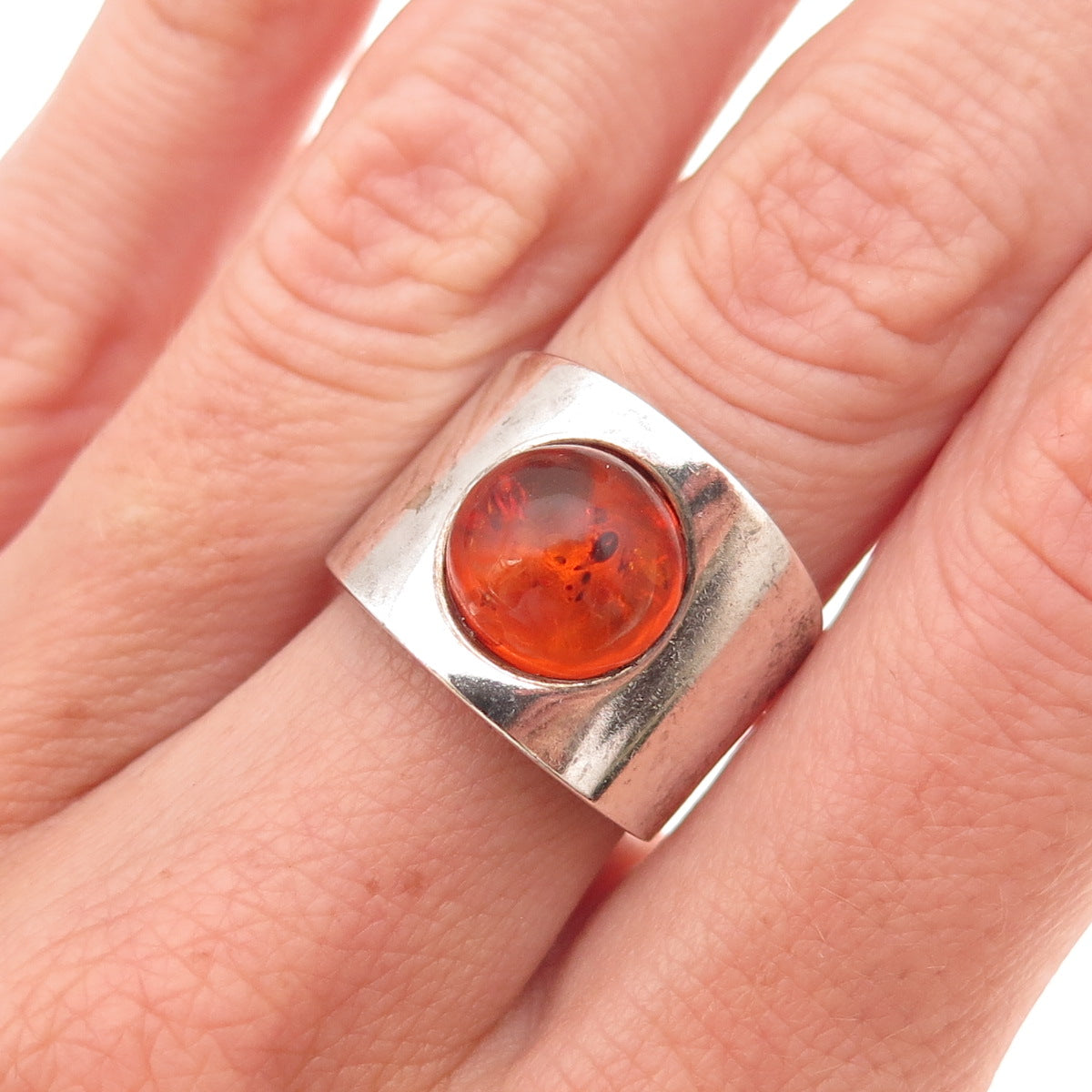 925 Sterling Silver Vintage Real Amber Modernist Oxidized Ring Size 5.75