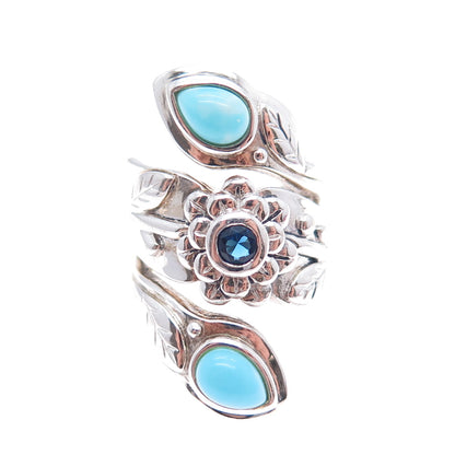 MODA Sterling Silver Vintage Turquoise Blue Spinel Modernist Flower Ring Size 7