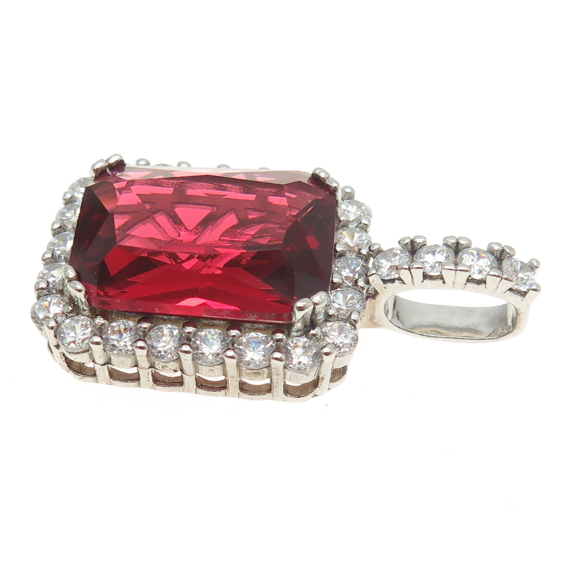 925 Sterling Silver Radiant-Cut Red Glass & Round-Cut C Z Pendant