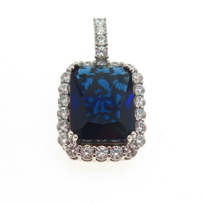 925 Sterling Silver Radiant-Cut Blue Glass & Round-Cut C Z Pendant