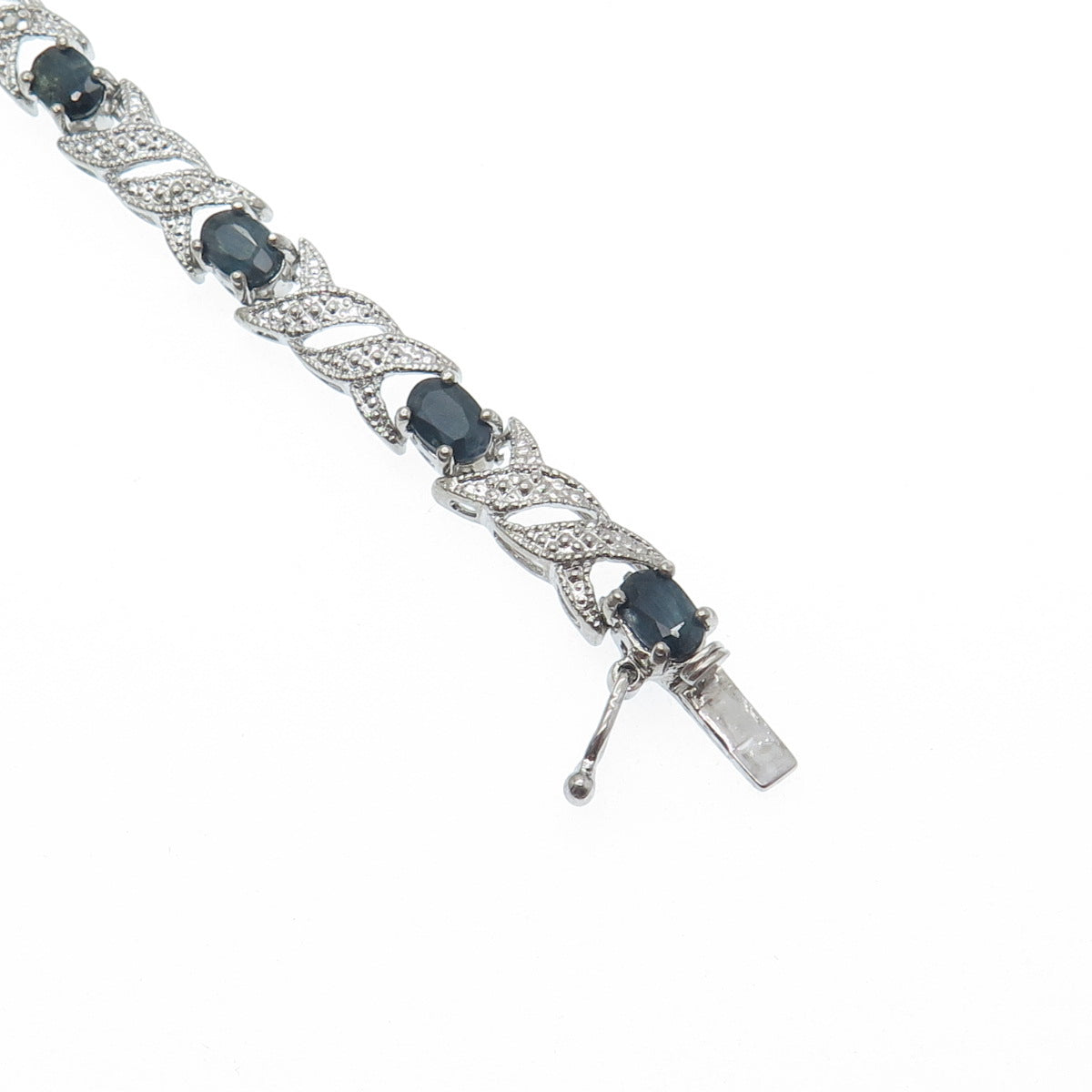 925 Sterling Silver Real Diamond Accent & Sapphire Gem XO Link Bracelet 7"