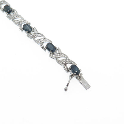 925 Sterling Silver Real Diamond Accent & Sapphire Gem XO Link Bracelet 7"