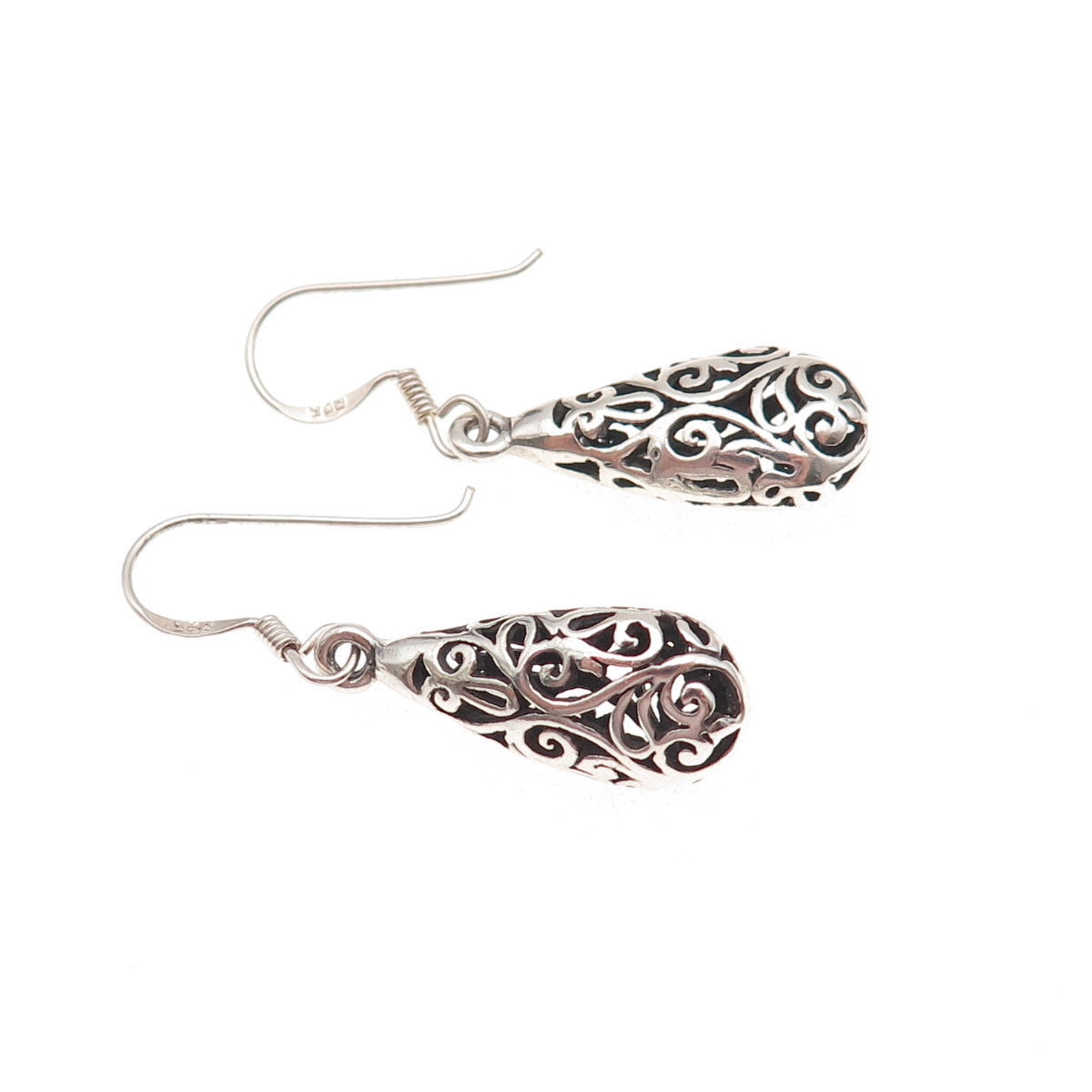 925 Sterling Silver Vintage Floral Scroll Teardrop Oxidized Dangle Earrings