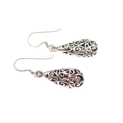 925 Sterling Silver Vintage Floral Scroll Teardrop Oxidized Dangle Earrings