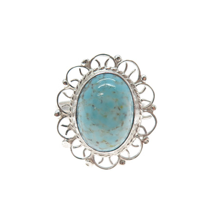 925 Sterling Silver Vintage Mexico Faux Turquoise Filigree Flower Ring Size 7.5
