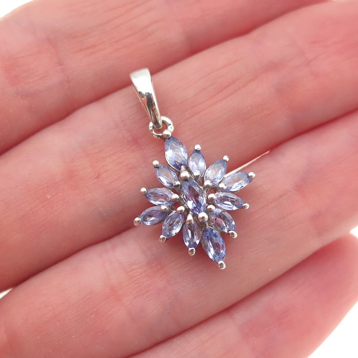 D'Joy 925 Sterling Silver Real Marquise-Cut Tanzanite Floral Charm Pendant