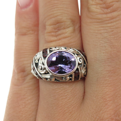 925 Sterling Silver Vintage Real Amethyst & Red Garnet Swirl Ring Size 7