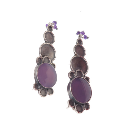 925 Sterling Silver Vintage Real Amethyst Modernist Oxidized Earrings