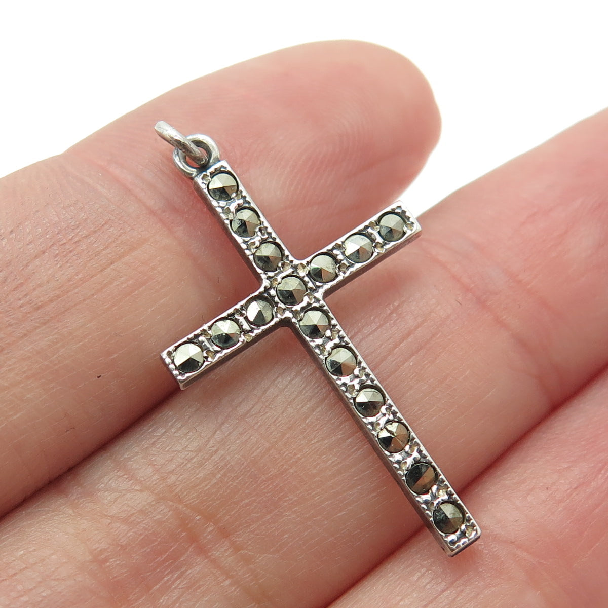 UNCAS 925 Sterling Silver Antique Art Deco USA Marcasite Gemstone Cross Pendant