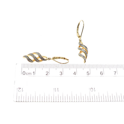 SUN 925 Sterling Silver Gold Plated Real Diamond Twisted Dangle Earrings