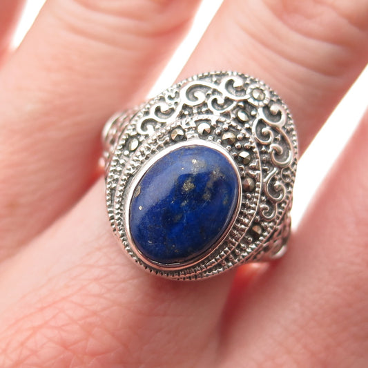 925 Sterling Silver Vintage Real Lapis & Marcasite Modernist Ring Size 9.75