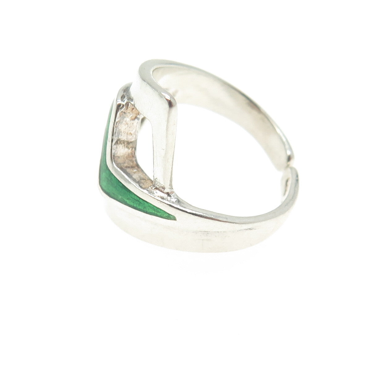 925 Sterling Silver Vintage Italy Green Enamel Adjustable Ring Size 6
