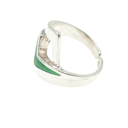 925 Sterling Silver Vintage Italy Green Enamel Adjustable Ring Size 6