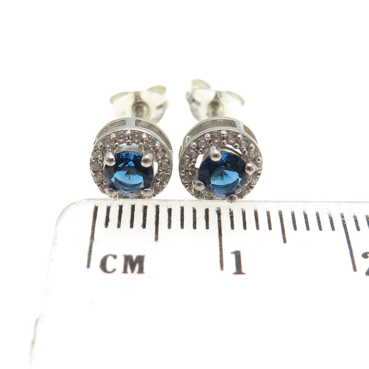 SAY 925 Sterling Silver Round-Cut Nano Sapphire & C Z Stud Earrings