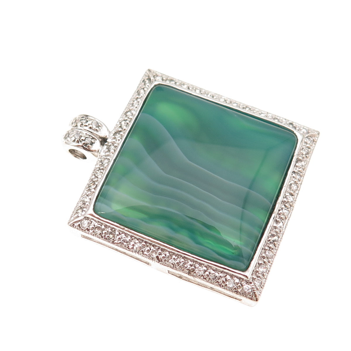 925 Sterling Silver Real Square-Cut Green Agate & Round-Cut C Z Pendant