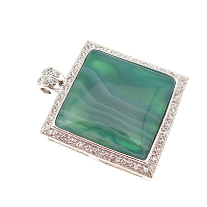925 Sterling Silver Real Square-Cut Green Agate & Round-Cut C Z Pendant