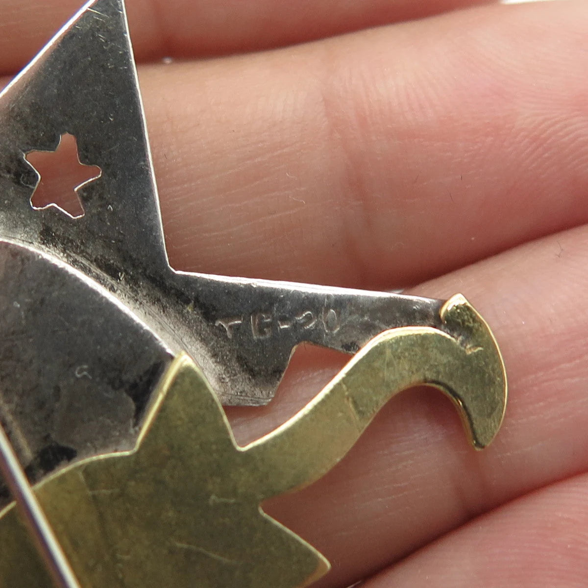 925 Sterling Silver 2-Tone Vintage Mexico Handmade Sun & Stars Pin Brooch
