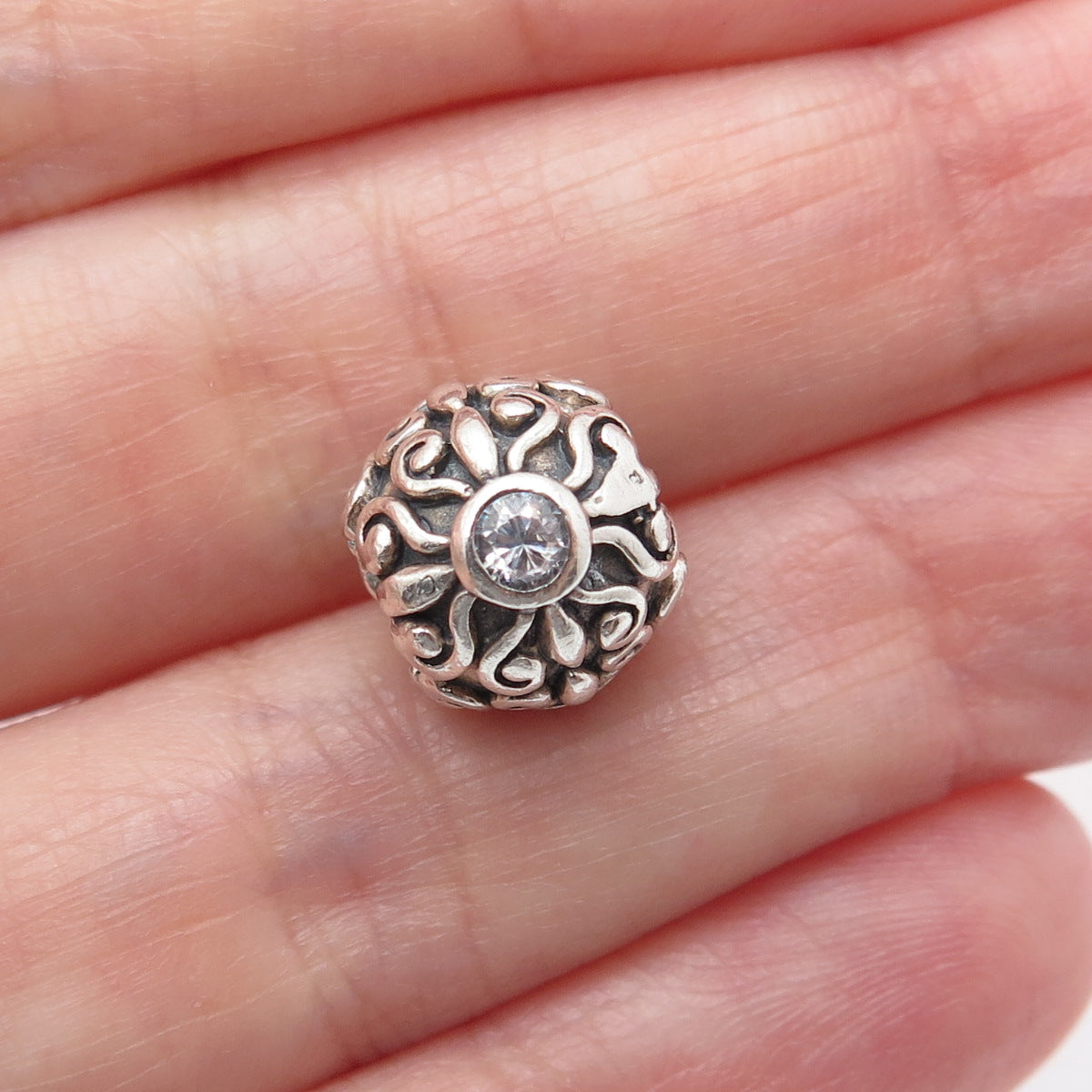 CHAMILIA 925 Sterling Silver Round-Cut C Z Flower Oxidized Bead Charm