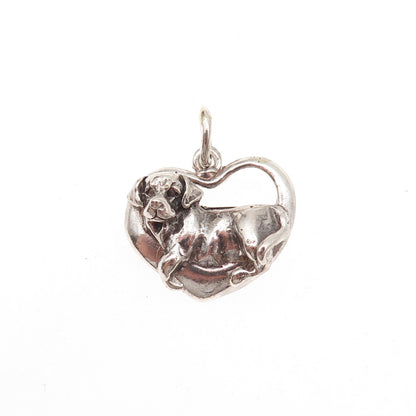 925 Sterling Silver Vintage Dog Heart Oxidized Charm Pendant