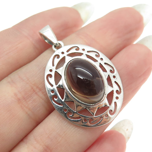 925 Sterling Silver Vintage Real Oval-Cut Smoky Quartz Sun Pendant