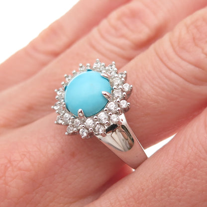 925 Sterling Silver Real Turquoise & White Topaz Floral Ring Size 8.25