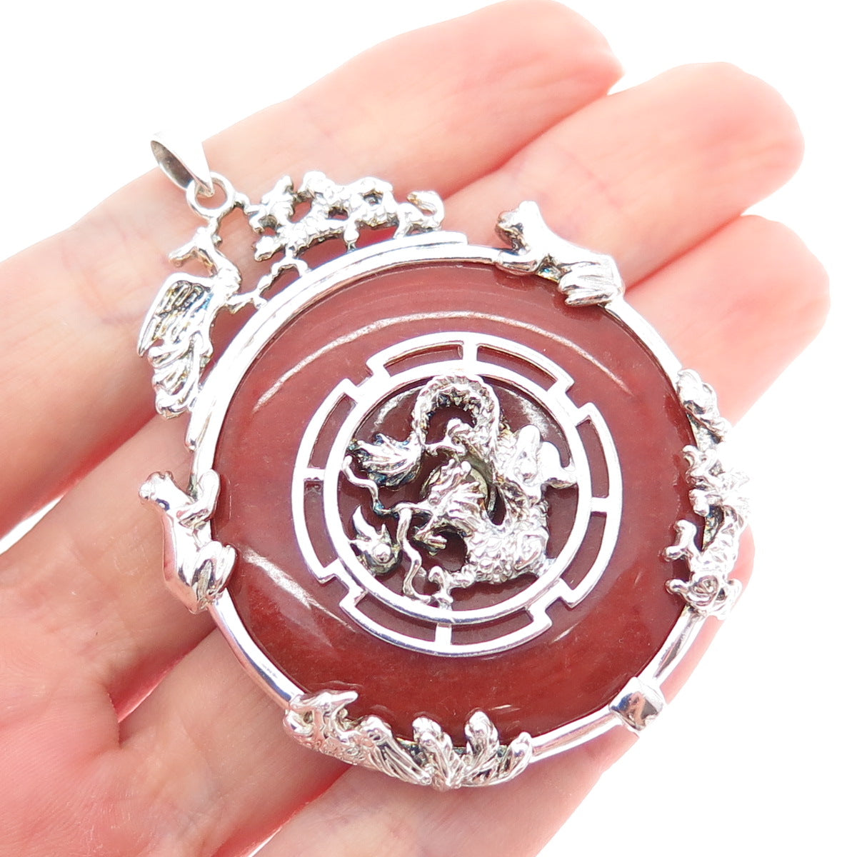 ROSS SIMONS 925 Sterling Silver Vintage Real Red Jade Royal Dragon Pendant